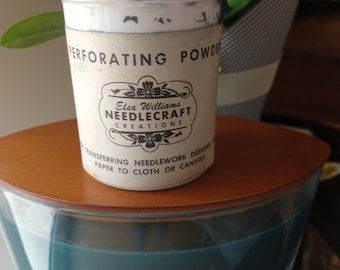 Vintage tub of perforating powder by Elsa Williams Needlecraft creations. Powder used to transfer design to cloth. Crafting. haberdashery.