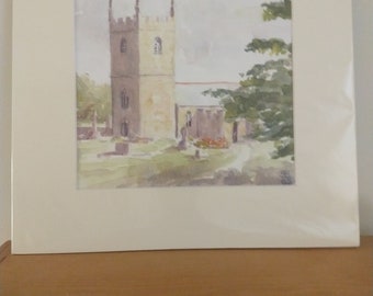 An original Watercolor Painting of a Cornish Church. Signed and mounted. St Wynwallow Church on the Lizard. Wall hanging. Ancient church.