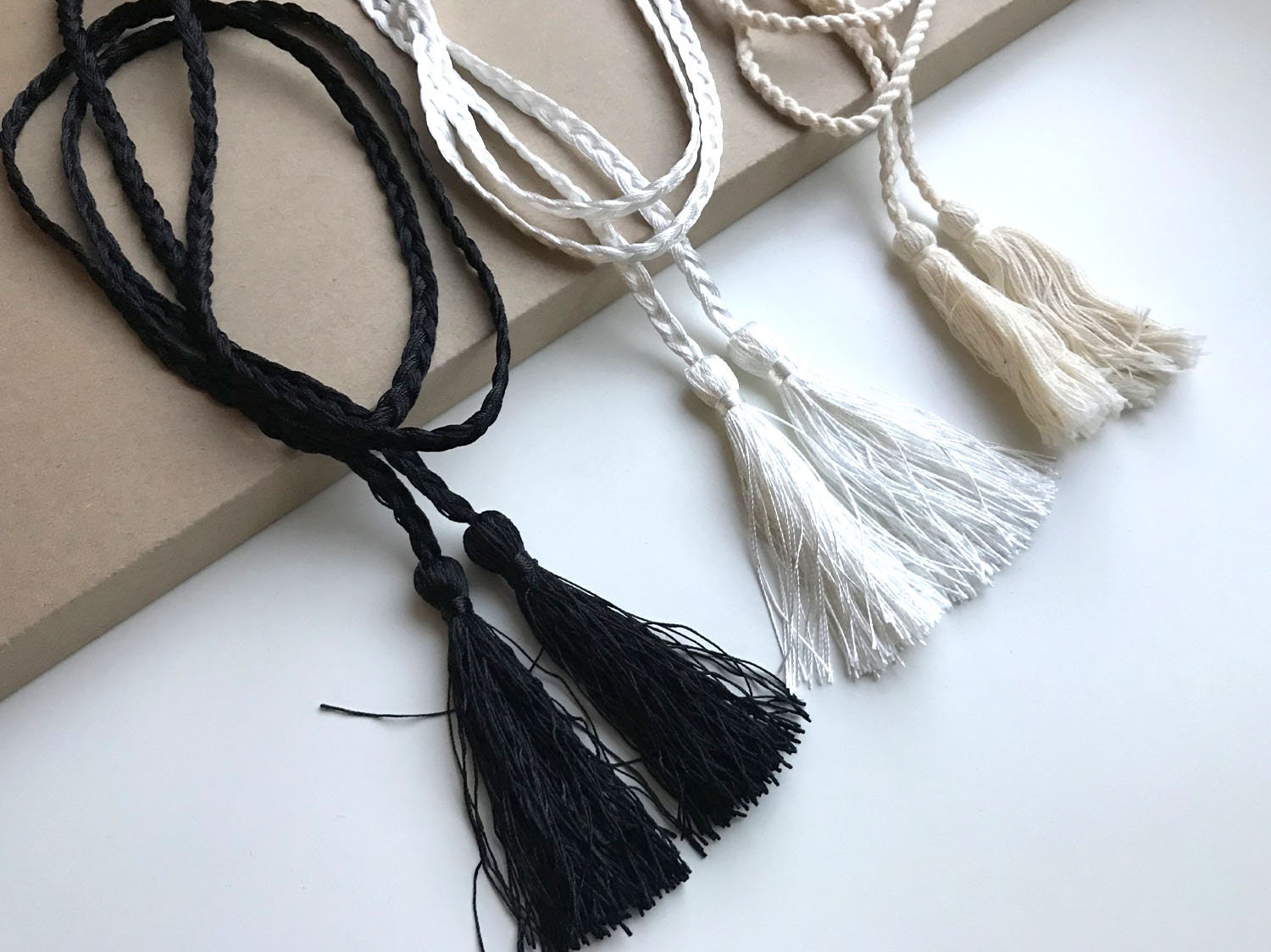 Natural, White, Black thicker & wider tassel cord string