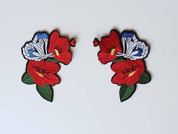 Flower with Butterfly Embroidered Applique, Sew on Patch, Iron on Patch, Red Flower