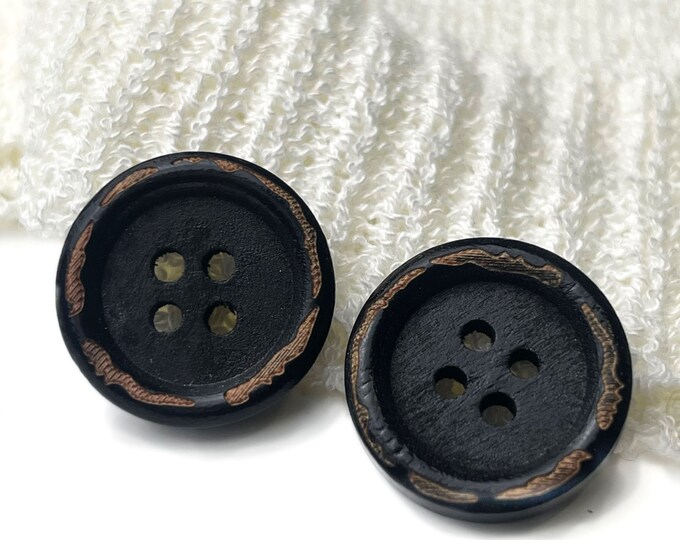 Vintage Wood Button 4 Hole with Grinded Rim - 28Ligne (18mm, 0.7inch), Black(Button 3) - Selling per Piece