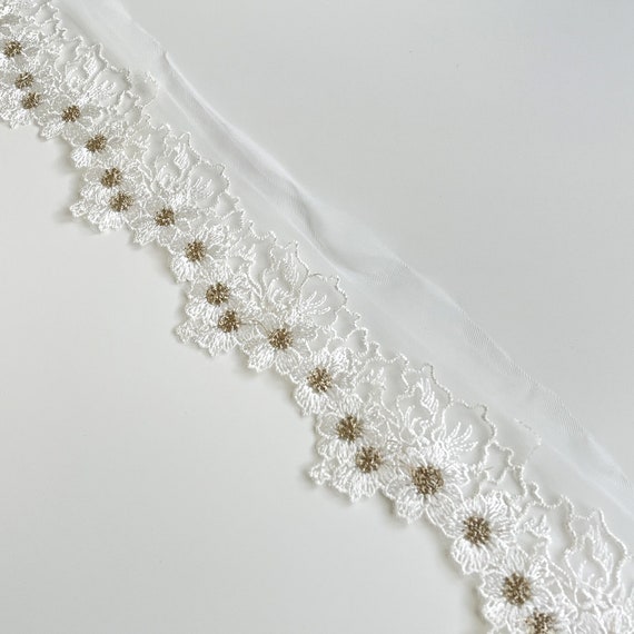 2 1/2" Floral Embroidered White/Gold Nylon Mesh Lace Trim (LT19) Selling per yard