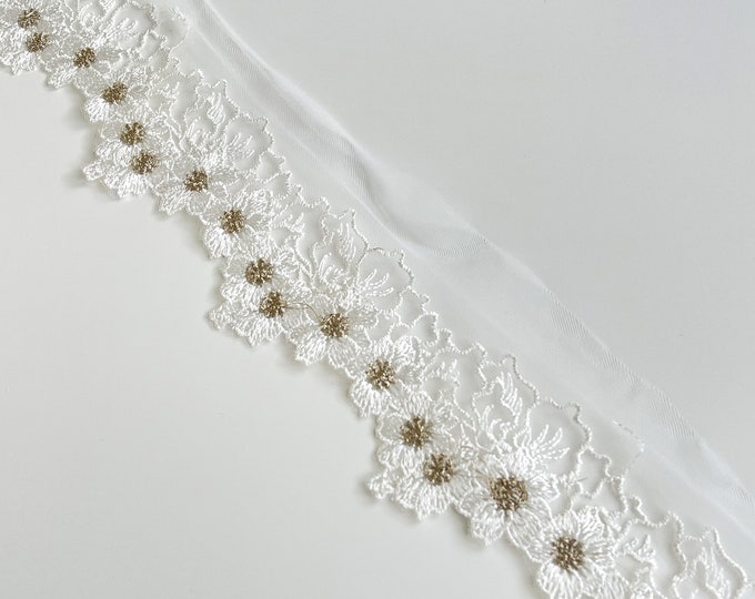 2 1/2" Floral Embroidered White/Gold Nylon Mesh Lace Trim (LT19) Selling per yard