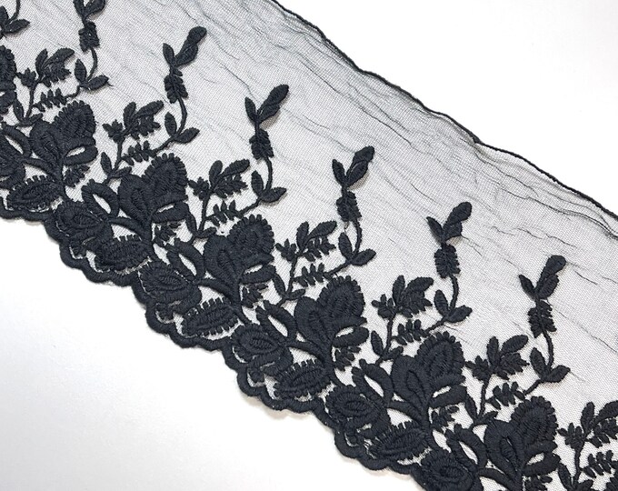 Floral embroidered Black  5 1/2" cotton lace poly mesh trim - Selling per yard (LT1)