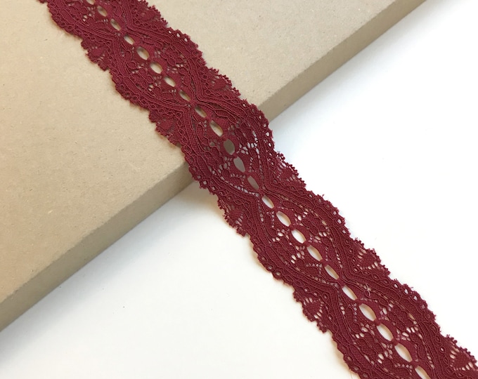 Burgundy wine color stretch lace trim scalloped 1 3/4" (LT18)