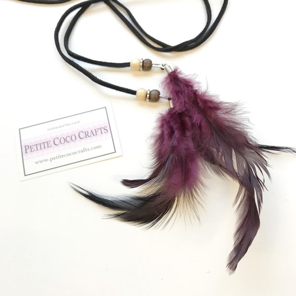 Burgundy feather tassel cord string tie(FT5)