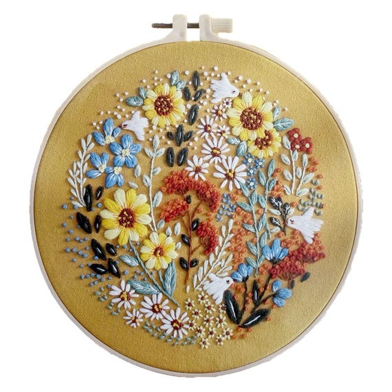 DIY 8" Warm Flower Field Embroidery Craft Kit, Includes Instructions & Supplies