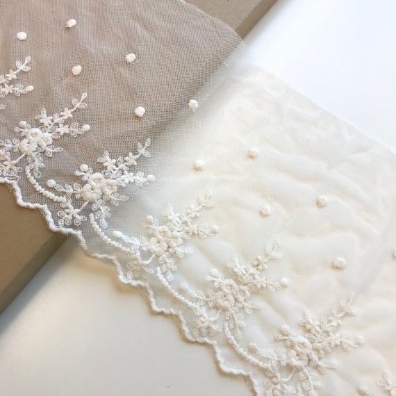 Floral embroidered natural beige color 7 1/2" cotton lace poly mesh trim (LT1)