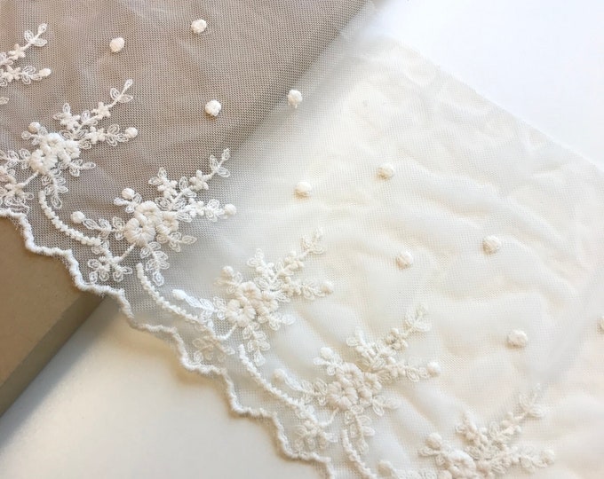 Floral embroidered off white color 7 1/2" cotton lace poly mesh trim (LT1)