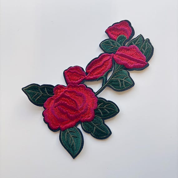 Red Rose Vine Embroidered Applique, Iron on Patch (PATCH 3)
