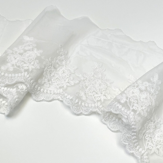 Off White 5" Width Floral Embroidered Lace Mesh Trim (LT34) - Selling Per Yard