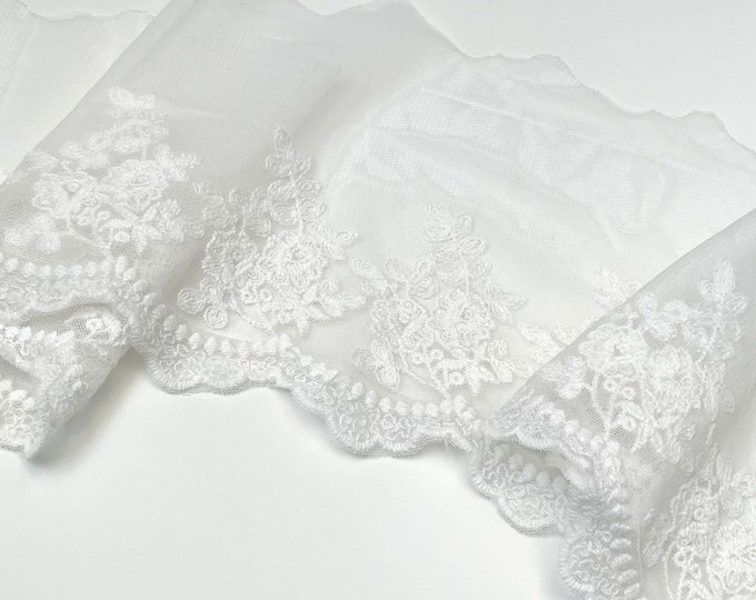 Off White 5" Width Floral Embroidered Lace Mesh Trim (LT34) - Selling Per Yard