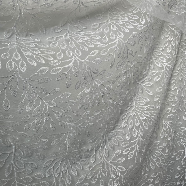 Bridal Lace Fabric, Embroidered Leaves on Twigs with Mesh Ground, Off White (LT35)  - Selling Per Yard, 55/61"