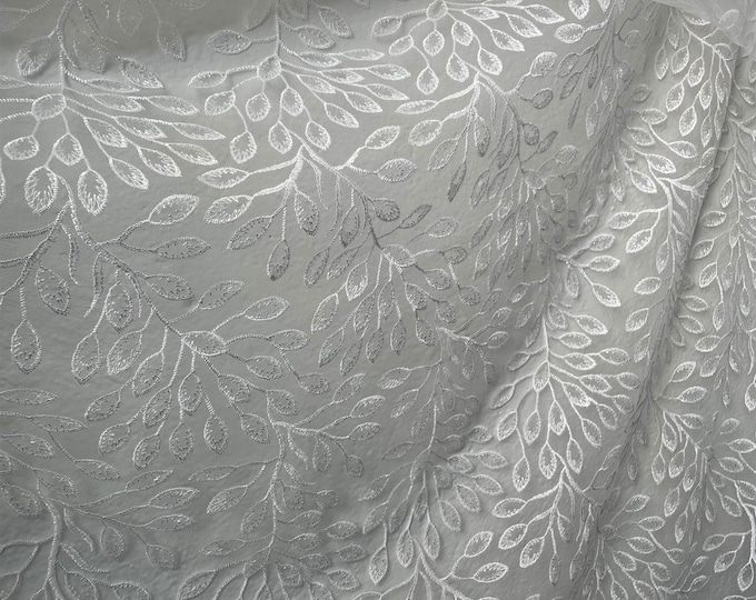 Bridal Lace Fabric, Embroidered Leaves on Twigs with Mesh Ground, Off White (LT35)  - Selling Per Yard, 55/61"