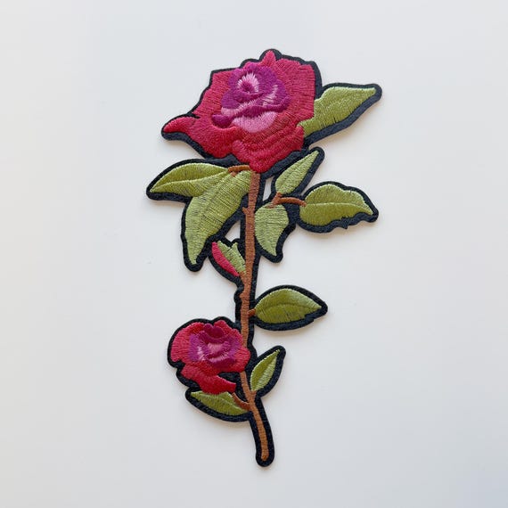 Red Rose Stem Embroidered Applique, Iron on Patch (PATCH 3)