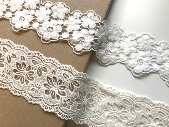 White, Natural floral 2 type of width cotton lace mesh trim (LT4)