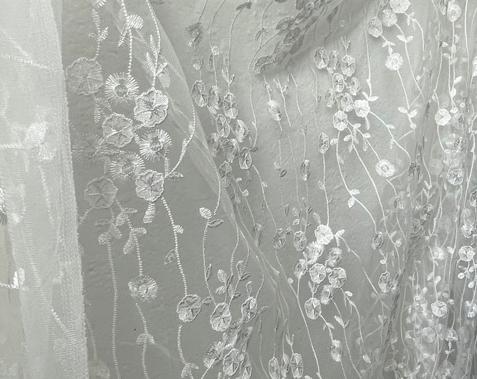 Bridal Lace Fabric, Floral Embroidered with Mesh Ground, Off White (LT35) - Selling Per Yard, 53/62" Ideal for Bridal and Dressmaking