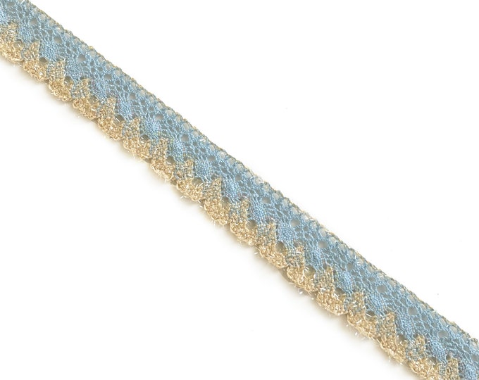 Sky Blue/ Beige/ Clear 1 1/8" Crochet Lace trim (LTF-1) - Currently 0.8yd available