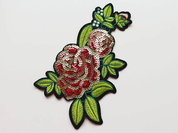 Red Flower Sequined Embroidered Applique, Sew on Patch