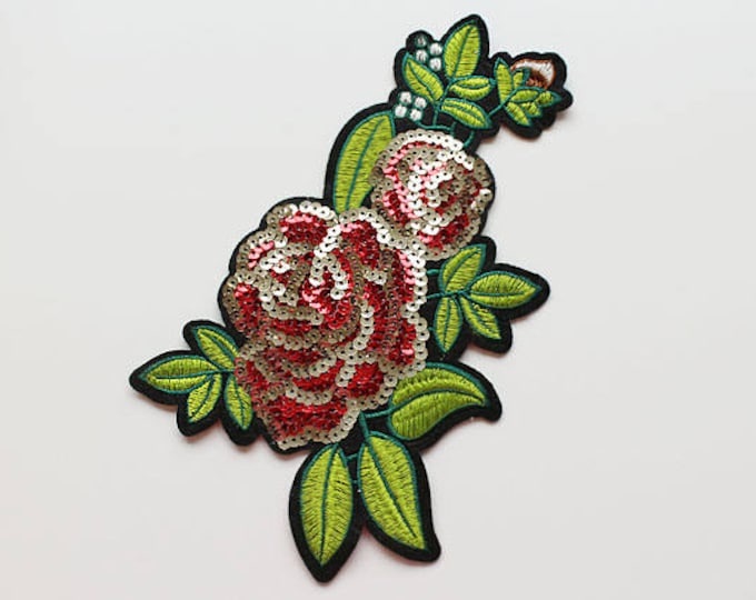 Red Flower Sequined Embroidered Applique, Sew on Patch