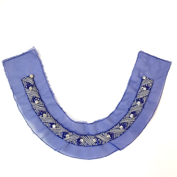 Silver Blue Bead Patch Applique on Blue mesh, Sew on Patch (LOC Patch2)
