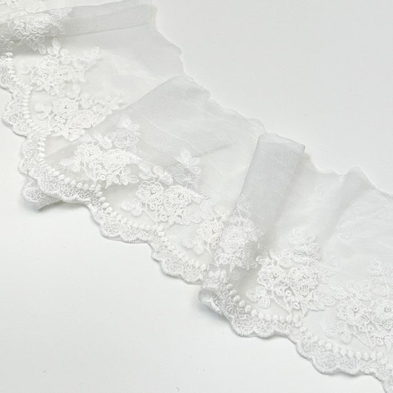Off White 5" Width Floral Embroidered Lace Mesh Trim (LT34) - Selling Per Yard