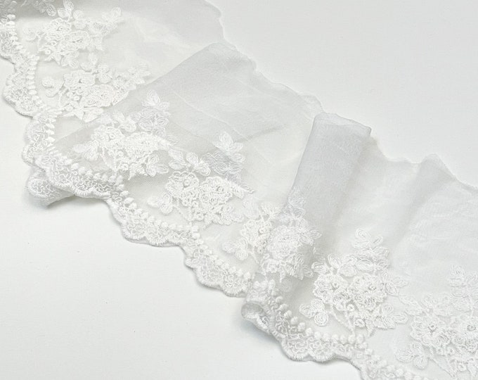 Off White 5" Width Floral Embroidered Lace Mesh Trim (LT34) - Selling Per Yard