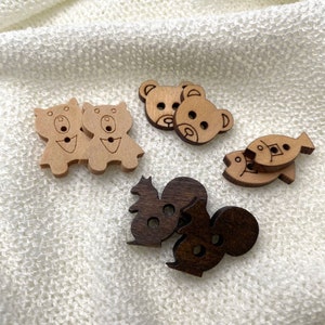 Animal Wood Buttons- Teddy Bear, Cute Bear Head, Fish, Squirrel (Button 3) - Selling per Piece