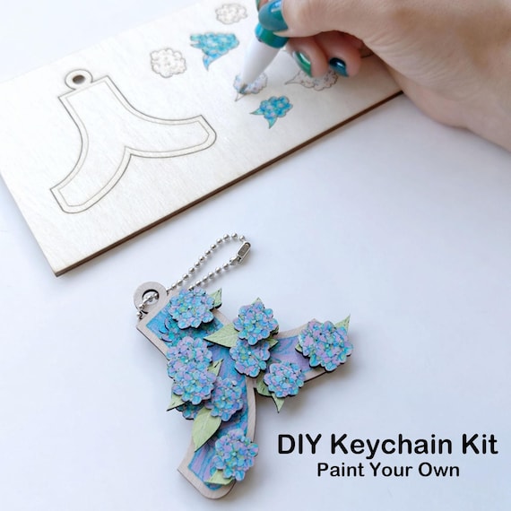 DIY Floral Wood Keychain Craft Kit, Paint Your Own Keychain, Korean Letter Design