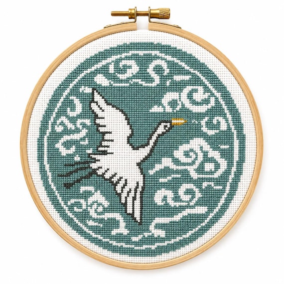 DIY 12" Korean Cloud and Crane Cross Stitch Craft Kit, Includes Instructions & Supplies