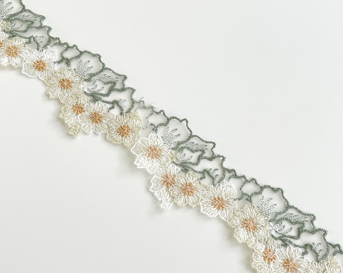 2 1/4" Floral Embroidered White/Olive Green/Yellow Nylon Mesh Lace Trim (LT19) Selling per yard