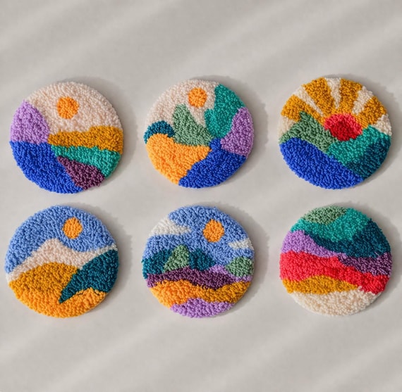 DIY Sunset Mountain Punch Needle Embroidery Craft Kit (6 Design Set), Includes Instructions & Supplies