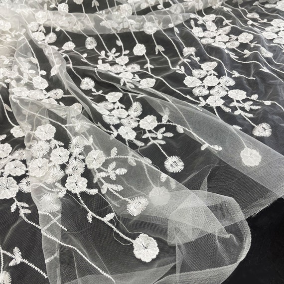 Bridal Lace Fabric, Floral Embroidered with Mesh Ground, Off White (LT35) - Selling Per Yard, 53/62" Ideal for Bridal and Dressmaking