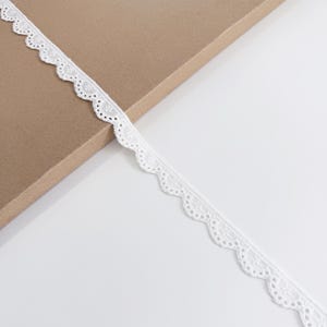 May include: A length of white lace trim with a scalloped edge. The delicate lace features a repeating floral pattern and is displayed diagonally against a neutral background. This trim is suitable for various craft and sewing projects.