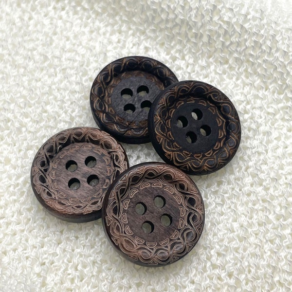 Wood Button 4 Hole with Engraved Pattern Rim- 30Ligne(19mm, 3/4inch), Dark and Medium Brown (Button 3) - Selling per Piece