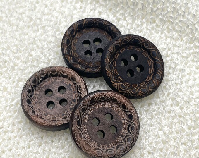 Wood Button 4 Hole with Engraved Pattern Rim- 30Ligne(19mm, 3/4inch), Dark and Medium Brown (Button 3) - Selling per Piece