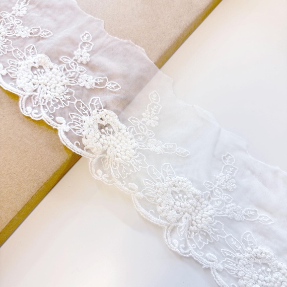 Off White 4 3/4" Width Floral Embroidered Lace Mesh Trim (LT35) - Selling Per Yard