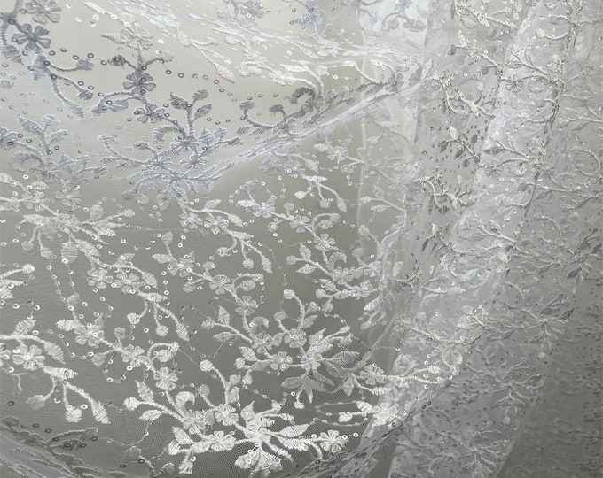 Bridal Lace Fabric, Floral Embroidered with Stones, Off White (LT35) - Selling Per Yard, 54/60" Ideal for Bridal and Dressmaking