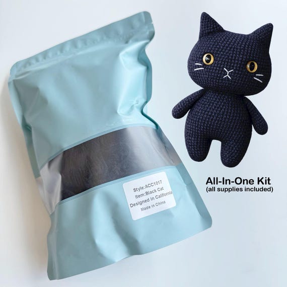Beginner Crochet Kit – Black Cat Amigurumi Plushie DIY Kit, Cute Gift for Craft Lovers
