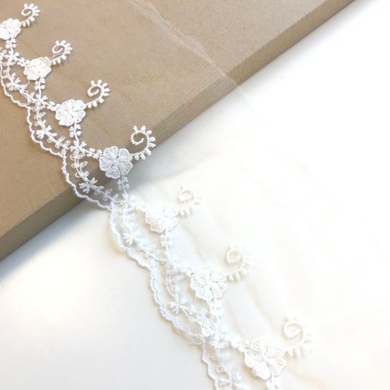 Floral embroidered off white color 5" cotton lace poly mesh trim(LT18)