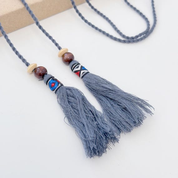 Gray Tribal Beaded Tassel Cord Trim, Selling per Piece (FT7-1)