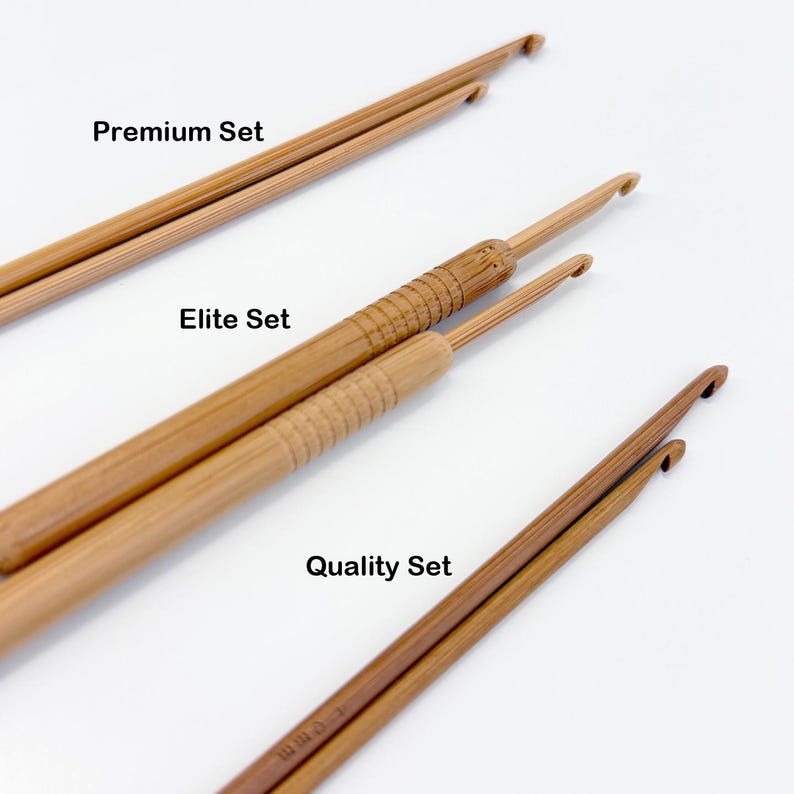 May include: Three sets of crochet hooks in varying shades of brown, labeled "Premium Set", "Elite Set", and "Quality Set". The hooks are made of wood and have a curved hook at one end.