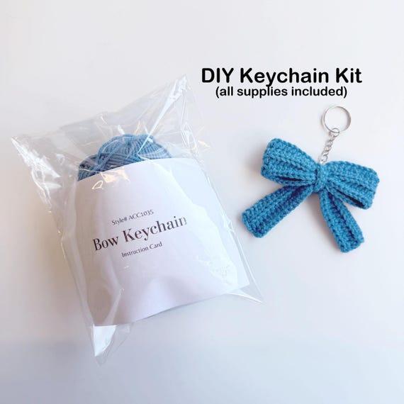 Beginner Crochet Kit –  Blue Bow Ribbon DIY Keychain Kit, All Supplies & Instructions Included