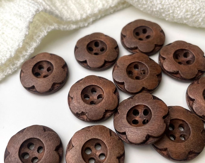 Wood Button 4 Hole with Flower Rim - 30Ligne (19mm, 3/4 inch), Medium Brown (Button 3) - Selling per Piece