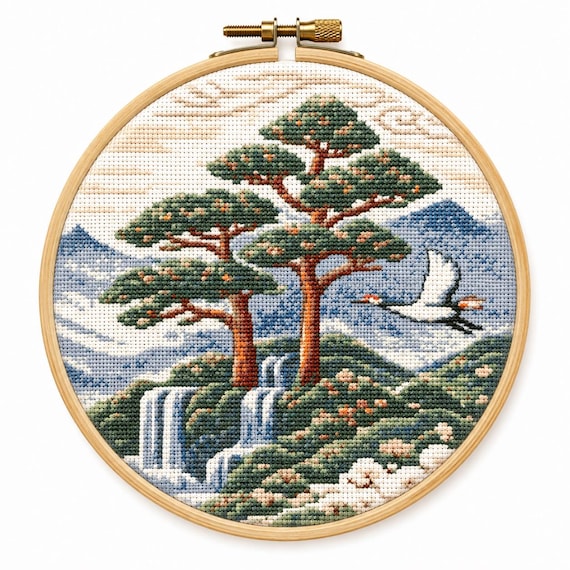 DIY 12" Korean Traditional Landscape Cross Stitch Craft Kit, Includes Instructions & Supplies