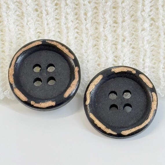 Black Vintage Wood Button 4 Hole with Light Grinded Rim - 32Ligne (20mm), Selling per Piece (Button 3)