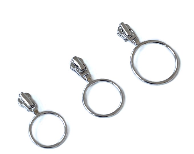 Size #3 Slider Metal Zipper with 3 Sizes of O ring pulls - Nickel Silver, Made in Korea : Selling per piece (ZIPPPERS 1)