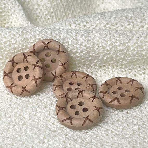 Wood Button 4-Hole with X Engraved Rim - Size 30Ligne(19mm, 3/4inch), Beige Tan Color (Button 3) - Selling per Piece