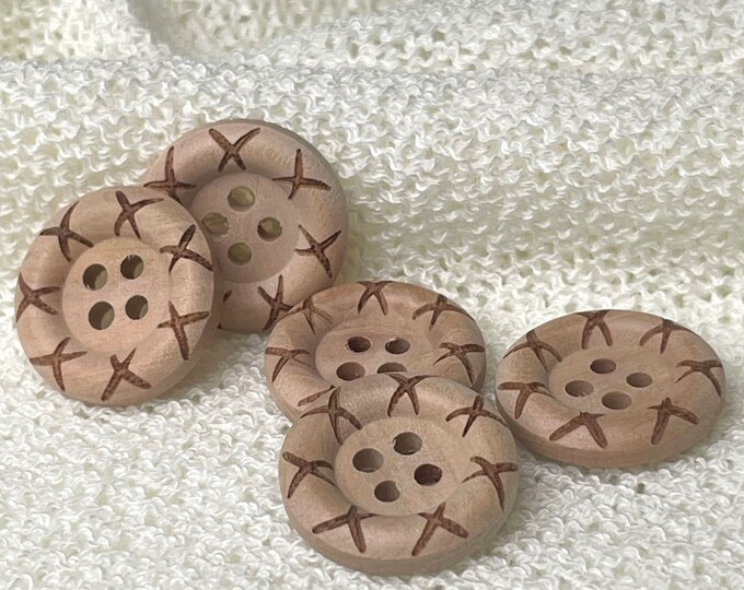 Wood Button 4-Hole with X Engraved Rim - Size 30Ligne(19mm, 3/4inch), Beige Tan Color (Button 3) - Selling per Piece