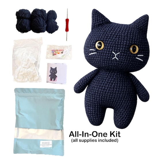 Beginner Crochet Kit – Black Cat Amigurumi Plushie DIY Kit, Cute Gift for Craft Lovers